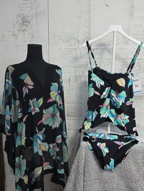 COCO Contours Black Floral Tankini Swim Set with Cover-Up - Women's Swim